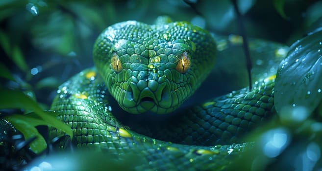 Macro photography capturing the striking image of a scaled reptile, a green snake with electric blue markings and yellow eyes, in its terrestrial habitat in the jungle