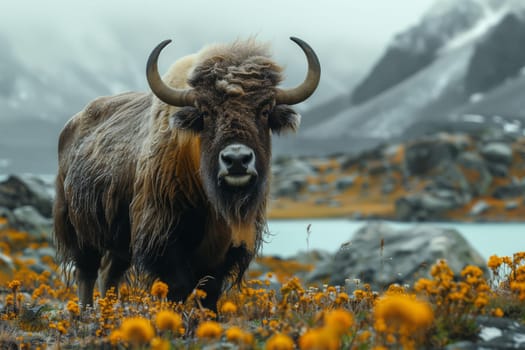 In the grassland ecoregion, a yak, a terrestrial animal, is seen standing among flowers with mountains in the background, showcasing the natural beauty of the landscape