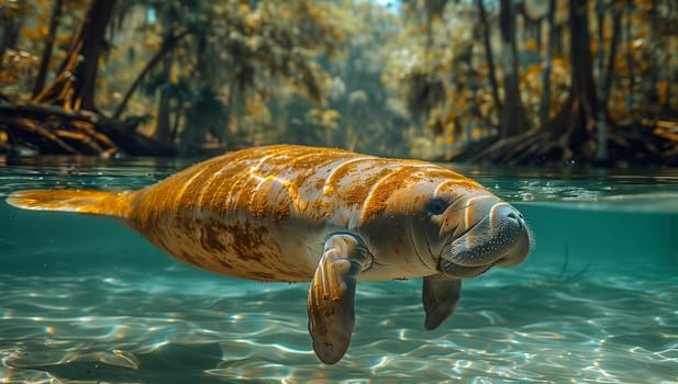 A manatee gracefully swims in the underwater world of a lake, surrounded by the natural landscape of a forest. Its large tail and fin make it a unique terrestrial animal in the water