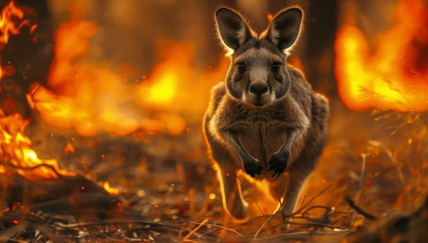 A horse is galloping in front of a blazing fire, showcasing the intense heat and flame of the geological phenomenon. The atmospheric phenomenon adds to the dramatic landscape of the event