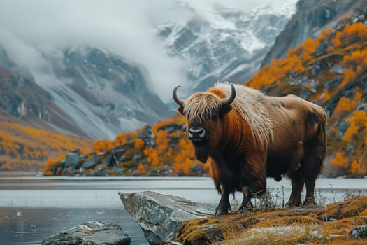 A bull with majestic horns standing on a rock by the lake in the mountainous natural landscape, under a cloudy sky, surrounded by breathtaking nature