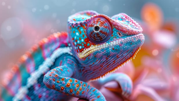 A closeup of an electric blue chameleon, a type of scaled reptile, sitting on a pink terrestrial plant. The organism, also known as a lizard, is a terrestrial animal captured in macro photography