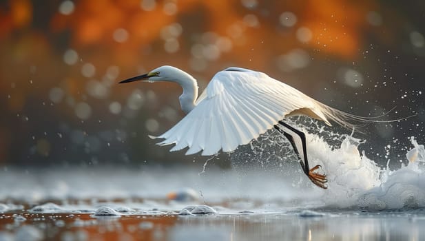 A Charadriiformes seabird with white feathers and a long beak is gracefully flying over a shimmering body of liquid, its wings and tail elegantly extended