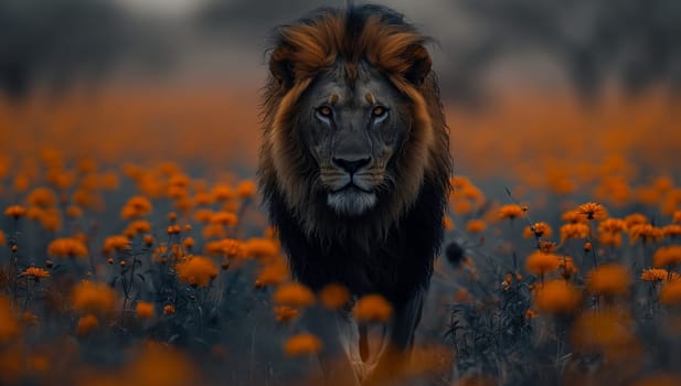 A Masai lion, a member of the Felidae family, is strolling through a natural landscape filled with orange flowers. This majestic big cat contrasts beautifully with the colorful plants and grass