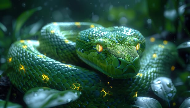 A Smooth Greensnake, a terrestrial animal, with electric blue scales and yellow eyes, is camouflaged among green leaves in this macro photography of wildlife