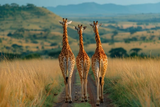 Three giraffes gracefully stroll along a dirt road in the natural landscape, surrounded by lush green grass and tall plants under the vast sky