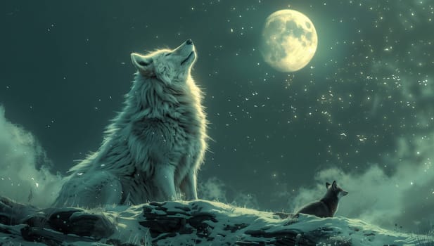 An organism in nature, a wolf howls at the moon in the midnight sky, creating a mesmerizing art in the darkness. The scene resembles a painting of wild beauty, surrounded by water and plants