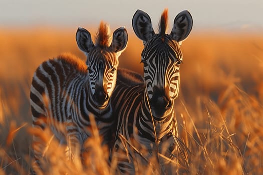 Two zebras are peacefully grazing in a grassy meadow, standing side by side in their natural environment of a vast plain with tall grass