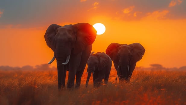 A herd of elephants peacefully standing in a grassy field under the red sky at sunset, creating a mesmerizing natural landscape