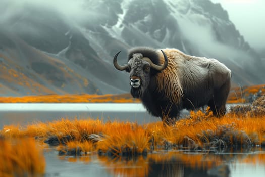 A muskox bull is standing in the water of a highland lake, surrounded by a natural landscape and mountainous ecoregion
