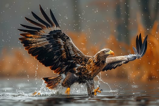 A bald eagle, a bird of prey from the family Accipitridae and order Accipitriformes, is standing in the fluid, with its wings spread, at the edge of the water