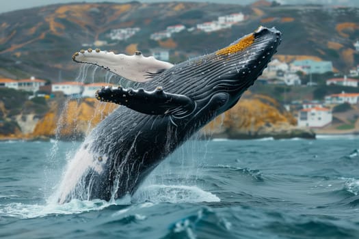 A humpback whale is breaching the surface of the water with its massive fin, showcasing the beauty of marine biology in action