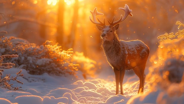 A majestic deer stands gracefully in the snowy woods at sunset, creating a beautiful natural landscape resembling a painting