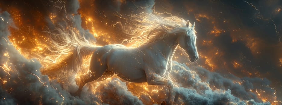 A majestic white horse with a fluffy tail gallops through a fiery sky, creating a stunning art piece symbolizing power and freedom