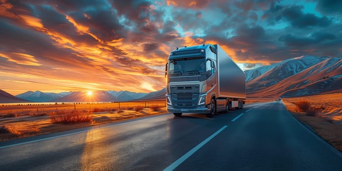A semi truck cruises down the highway under a sunset sky, casting a silhouette against the orange clouds, with its automotive tires rolling on the asphalt road surface