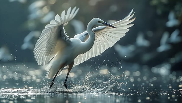 A majestic white heron stands gracefully in the water, its wings outstretched, showcasing its beautiful feathers. This elegant seabird belongs to the Ciconiiformes and Pelecaniformes orders