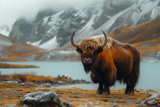 A yak, a terrestrial animal with horns, stands by a serene lake in the snowy mountains. The natural landscape is surrounded by a majestic mountain range