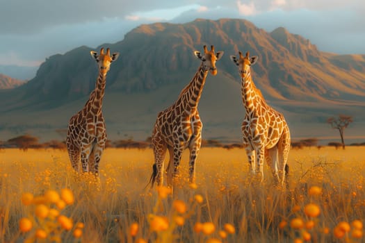 A group of three Giraffidae standing in a field of flowers with mountains in the background, under a clear sky with fluffy clouds