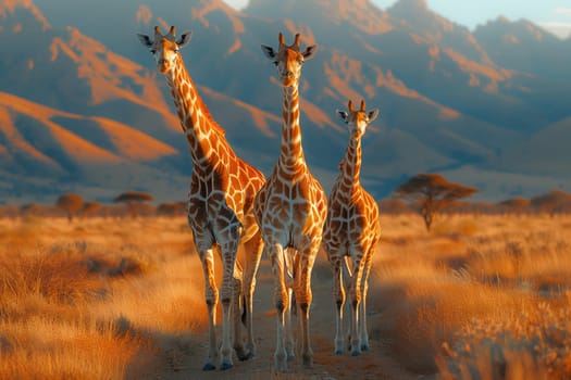 Three Giraffidae are grazing in a grassland surrounded by a plant community, with mountains and a clear sky in the background, showcasing their adaptation to the natural landscape