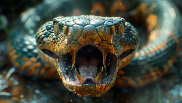 A closeup shot of an Elapidae snake with its mouth open, showcasing the intricate scales, symmetrical snout, and mesmerizing details of this terrestrial reptile in macro photography