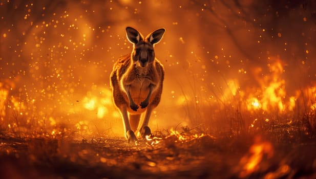 A terrestrial animal, resembling a kangaroo, gallops through a fiery landscape. The heat of the flames scorch the grass as the event unfolds