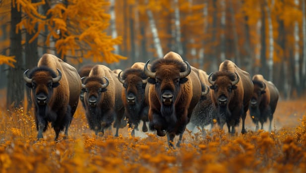 A bull bison leads a herd running through a forested ecoregion in autumn. Their powerful bodies move across the natural landscape, stirring up grass with their snouts