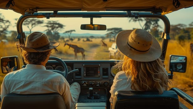 A man and a woman are seated in a car, observing giraffes from their vehicles window. The automotive mirror reflects the majestic animals as they travel through the safari