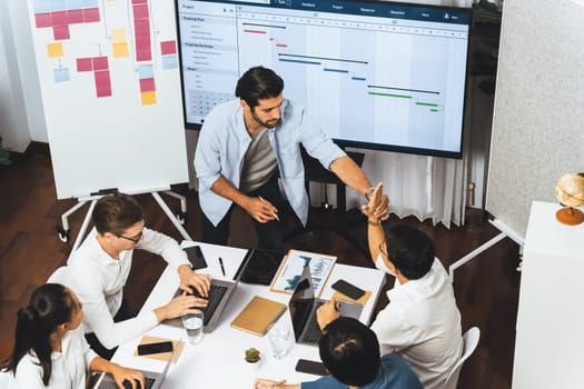 Project manager communicate and collaborate with team using project management software display on monitor, tracking progress of project task and making schedule plan at meeting table. Prudent