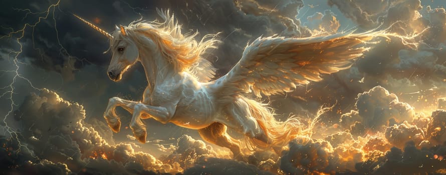 A terrestrial animal with wings, resembling a horse and unicorn, is soaring through the clouds in a majestic display of wildlife and art in the landscape