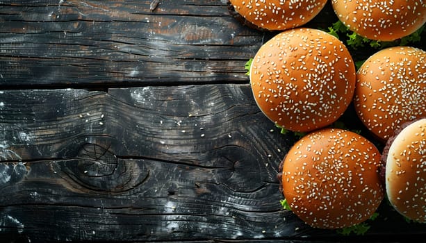 A staple food recipe with hamburger buns as the main ingredient, perfect for a fast food dish. This cuisine includes baked goods made from natural foods, served on a wooden table