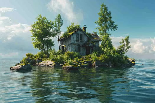 An old house on a small lonely island in the middle of the water.