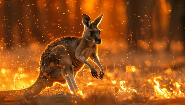 A Marsupial from the Macropodidae family, the Kangaroo is seen running through a field of fire, showcasing a rare event in wildlife