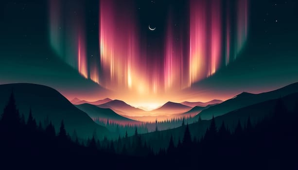 aurora borealis over mountains with crescent moon and stars.