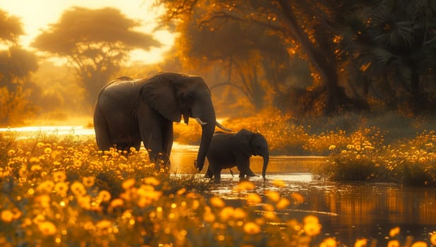 A mother elephant and her baby are crossing a river in a natural landscape. Elephants are terrestrial animals with long snouts, often grazing on grass in grasslands