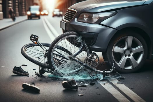 road accident scene with bicycle and car collision.