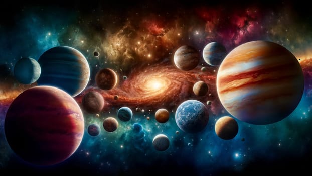 illustration of various planets in a galaxy with nebulae, abstract space background.