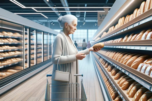 elderly woman shopping for bread in supermarket aisle.