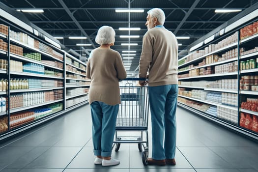 elderly couple with an empty shopping cart choosing groceries in the supermarket.