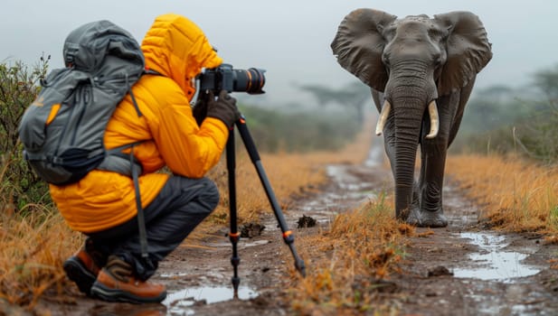 Using a tripod, a person captures the image of a majestic elephant in the rain, showcasing the natural landscape and the art of adaptation of this terrestrial animal