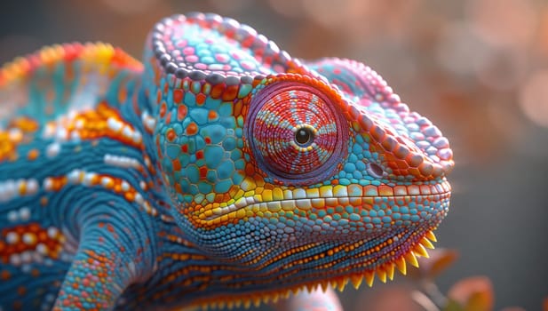 A terrestrial organism, the colorful chameleon, a scaled reptile in electric blue, perched on a branch, staring at the camera for a macro photography event