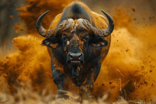 A majestic bull with powerful horns, a strong snout, and keen eyes is galloping through a dusty field. This terrestrial animal is a symbol of strength and resilience, embodying the beauty of nature