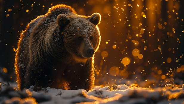 A brown bear, a type of grizzly bear and a carnivorous terrestrial animal, is standing in the snowy woods, showcasing its strong presence in the natural landscape