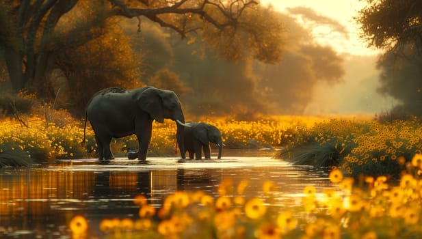 A mother elephant and her baby elephant are crossing a river in the grassland ecoregion, surrounded by a natural landscape under a cloudy sky