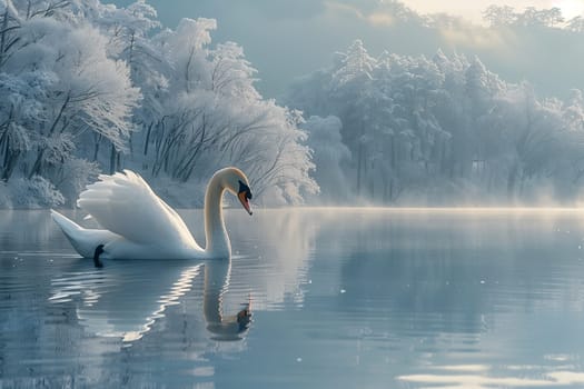 A graceful swan glides through the liquid water of a lake, with snowcovered trees lining the shore. Ducks, geese, and other waterfowl add to the picturesque winter landscape