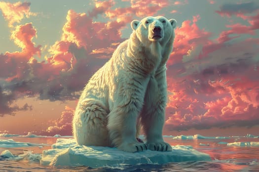 A carnivorous polar bear, a terrestrial animal, sits on a piece of ice in the ocean. Its snout is raised, blending into the natural icy landscape, creating an artistic visual display