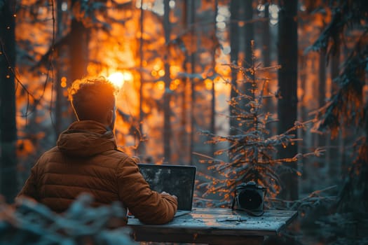 A man sits at a table in the forest, surrounded by trees and nature, working on his laptop. The sound of birds chirping and a gentle breeze add to the peaceful ambiance