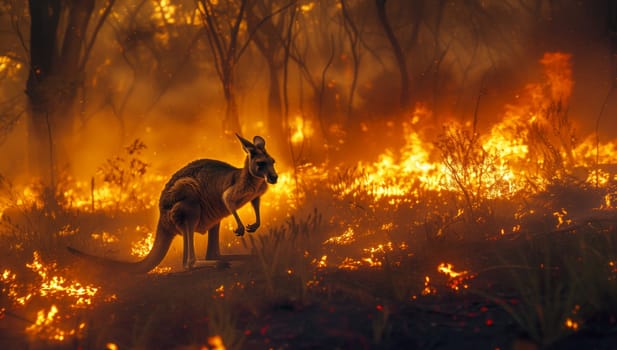 A fawnlike terrestrial animal with a long tail, a kangaroo, is sprinting across the grassy landscape in front of a blazing fire during a nighttime event