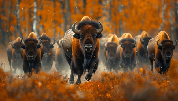 A group of bison racing across a grassy field in the ecoregion, resembling a painting of a natural landscape within a biome