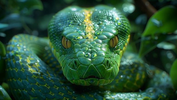 Closeup of a terrestrial animal, a green snake with yellow eyes, showing its scaled skin and symmetrical snout in the jungle