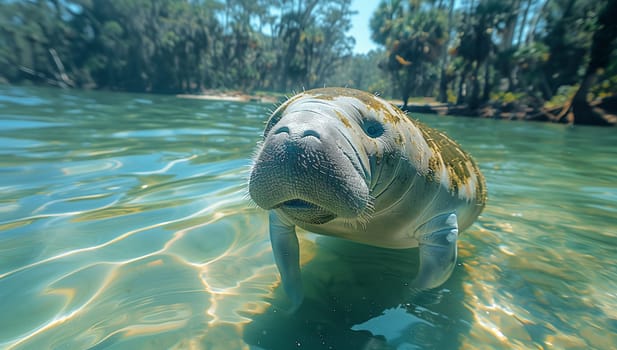 A manatee is gracefully swimming in the river, its gaze fixed on the camera. Surrounded by the beauty of nature, this aquatic mammal enjoys its underwater habitat